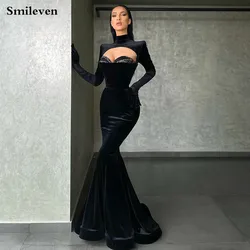 Smileven Sexy Black Velvet Mermaid Evening Dress High Neck Long Sleeve Party Dresses Robe De Soirée De Mariage Prom Gowns