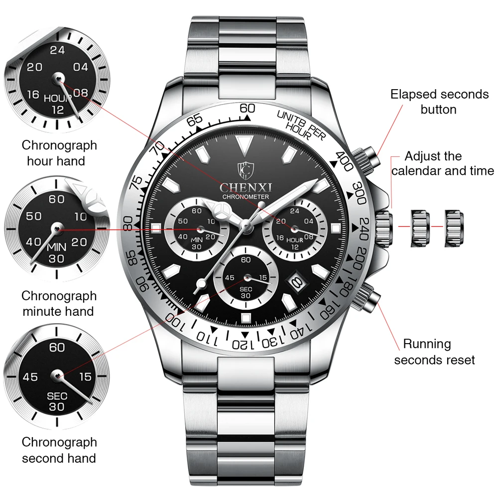 Men Watches CHENXI Top Luxury Brand Sport Quartz Watch Men Luminous Waterproof Chronograph Date Wristwatch Relogio Masculino