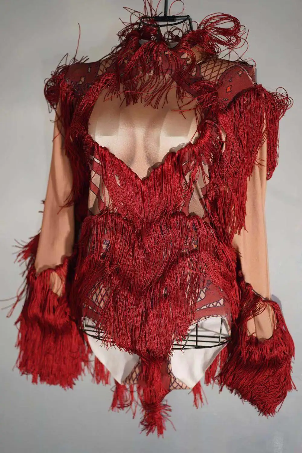 Red Fringe Sleeve Skinny Bodysuit DJ Female Singer Show Tights Stage Wear Bar Dancer Sexy Elastic Tassels Leotard Dance Costume