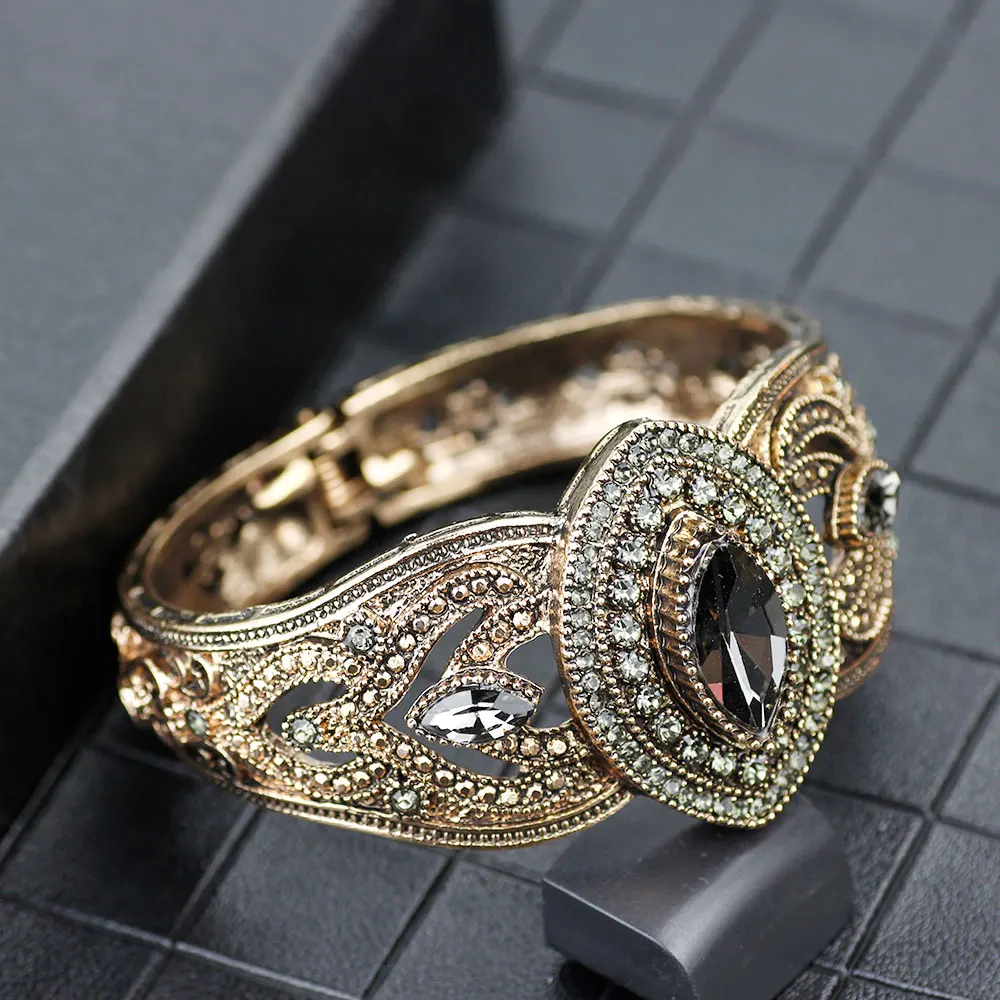 Sunspicems Vintage Bohemia Gray Crystal Bangle For Women Antique Gold Color Charm Bracelets Turkish Birdal Wedding Jewlery Gift