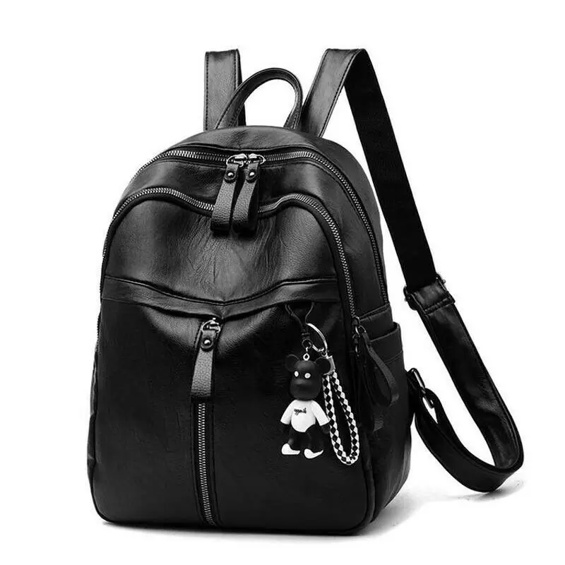 Fashion PU Leather Women Backpack Female Black Backpacks Zipper Bags Student Solid Rucksack For Girls With bear Pendant