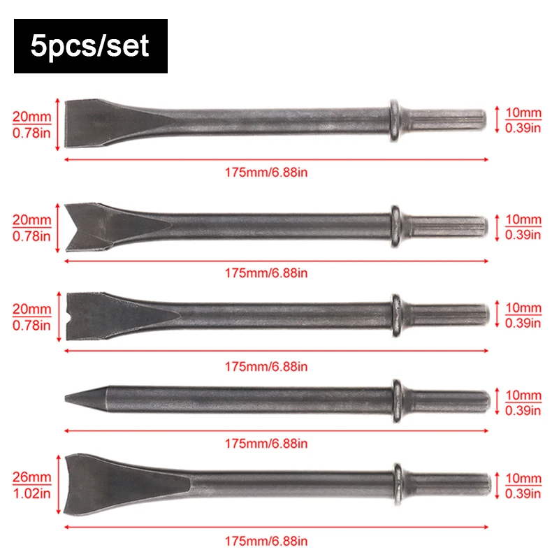 4pcs/5pcs Hard 45# Steel Solid Short Long Air Chisel Impact Head Support Pneumatic Tool Accessories for Cutting Rusting Removal