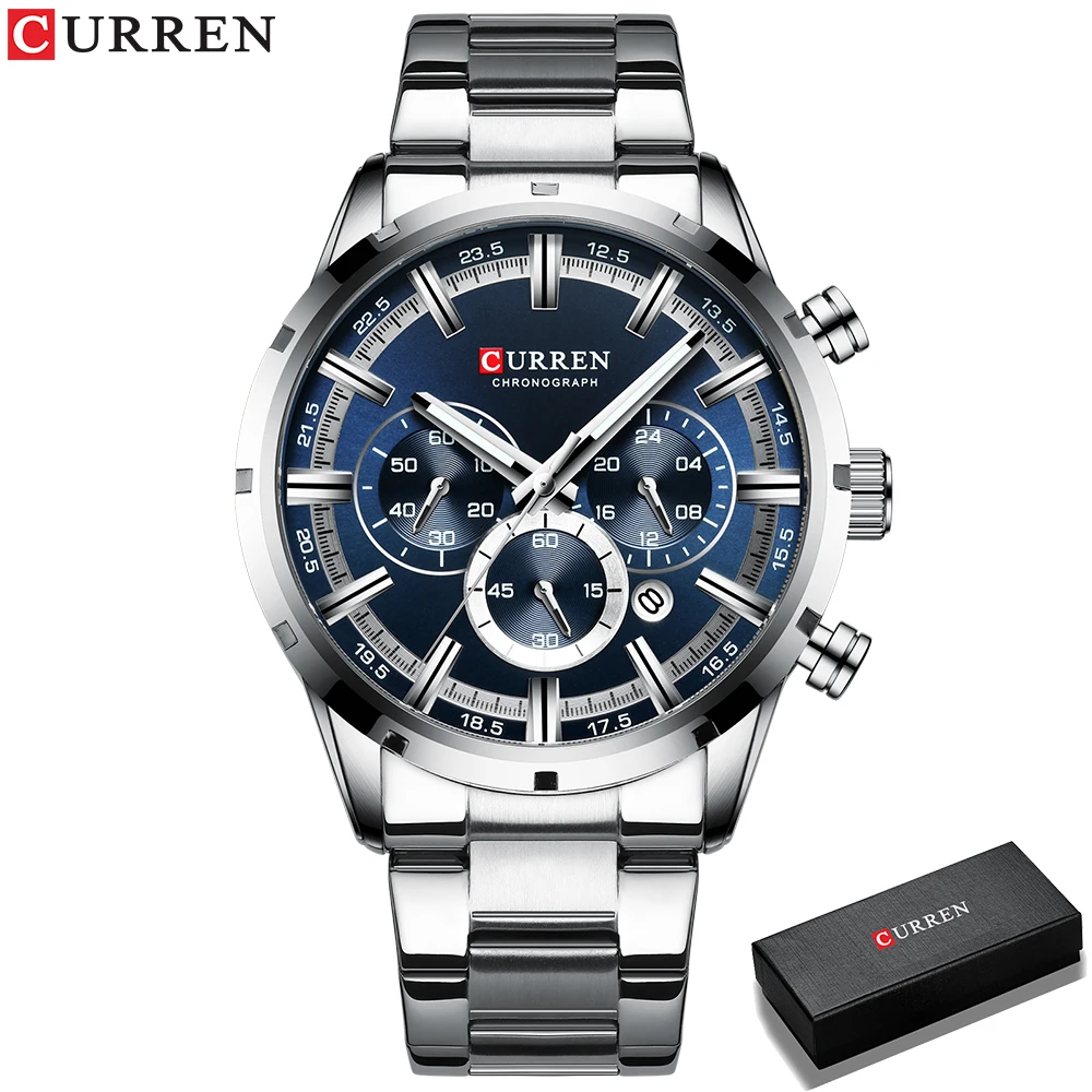 Curren Herrenuhr, blaues Zifferblatt, Edelstahlband, Datum, Herren-Business-Herrenuhren, wasserdicht, luxuriöse Herren-Armbanduhren für Herren