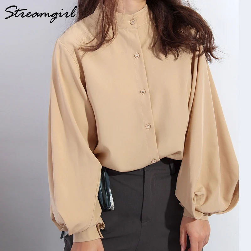 Streamgirl Women's Elegant Blouses Lantern Sleeve Chiffon Shirts Formal 2022 Spring Office Lady Stand-up Collar Shirts For Women