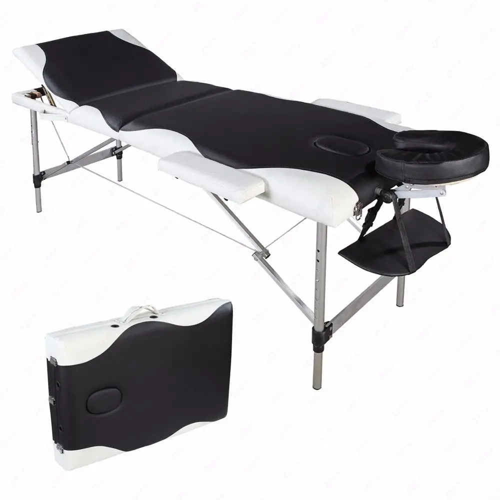 Massage Table Bed 3 Sections Folding Portable Aluminum Tube Foot SPA Bodybuilding with Flex-Rest Face Cradle and Side Armrests