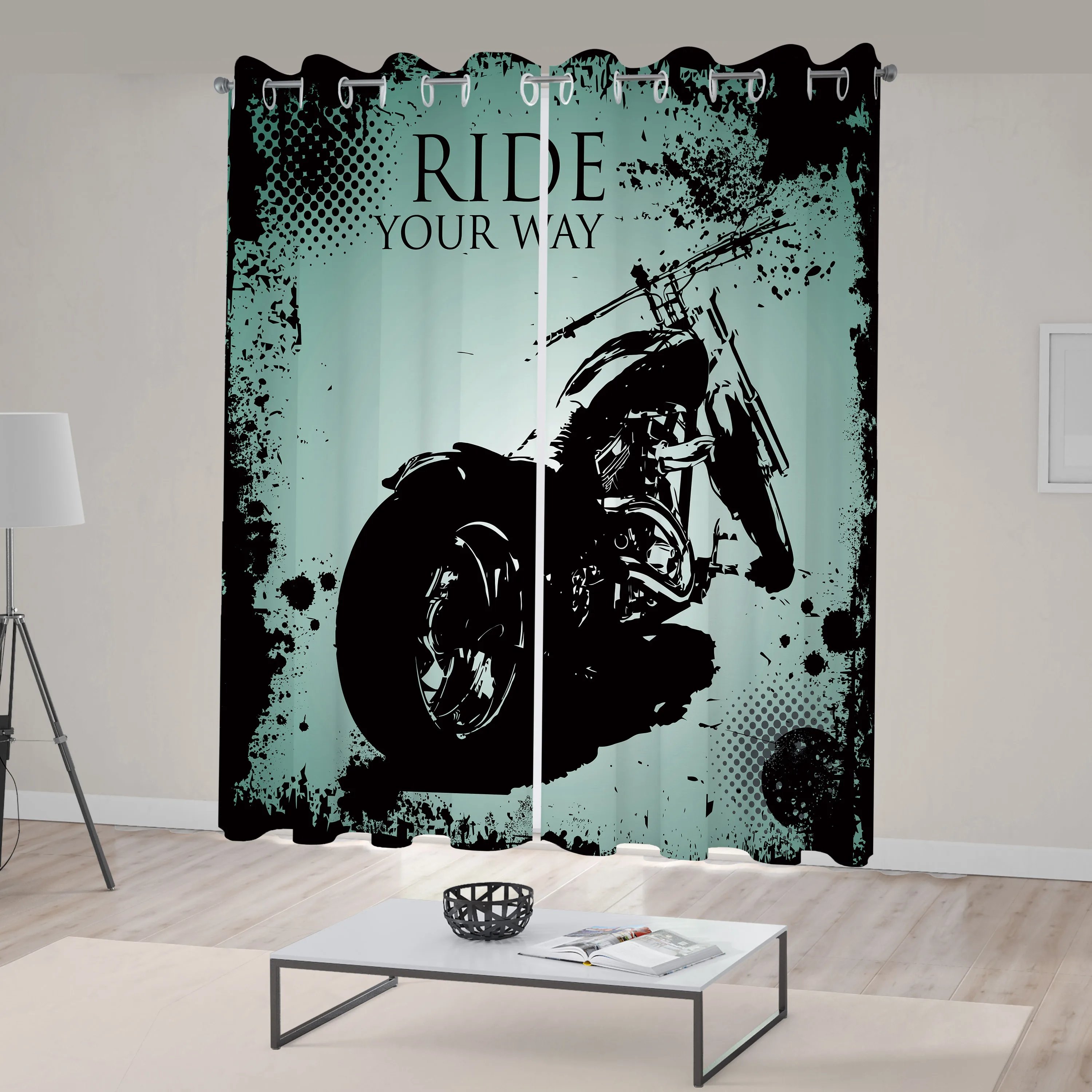 Vintage Window Curtains Retro Motorcycle with Black Dots and Splatters Chopper Road Trip Artwork Living Room Decor Bedroom Blue