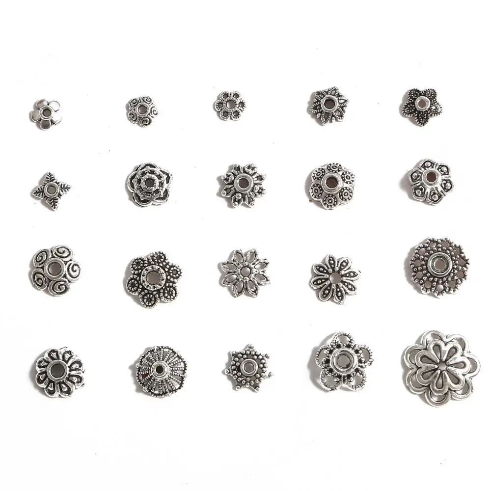 Mix 20Styles 50pcs Silver 6-14mm Flowers Filigree Petal End Caps Findings End Spacer Charms Bead Cap For Jewelry Making Supplies