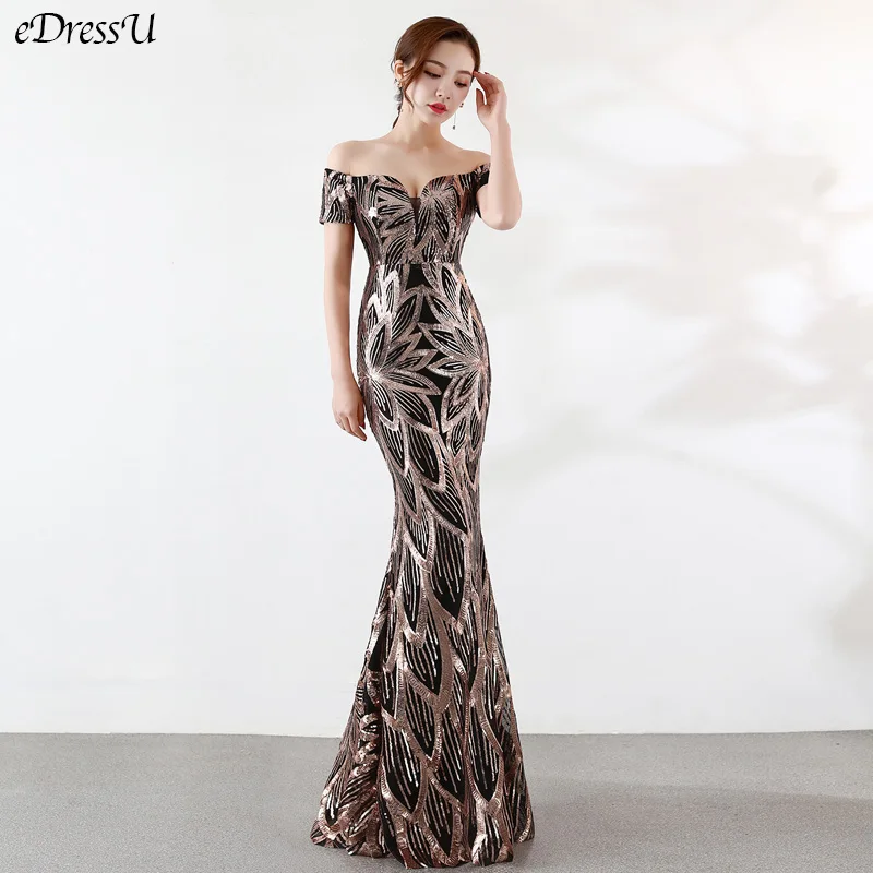 

Sexy Vestido de Fiesta Mermaid Evening Party Dress Golden Boat Neck Elegant Long Dress Sequins Formal Prom Dress YNY-1371