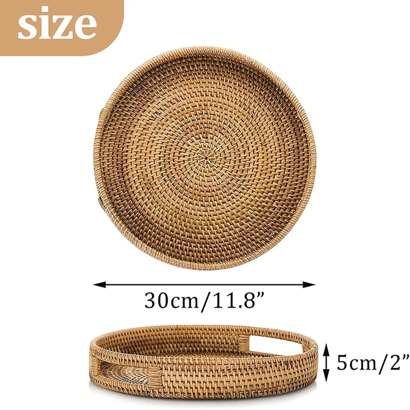 Round Rattan Woven Serving Tray with Handles, Ottoman Tray for Breakfast, Drinks, Snack, Coffee Table, Home Decorative