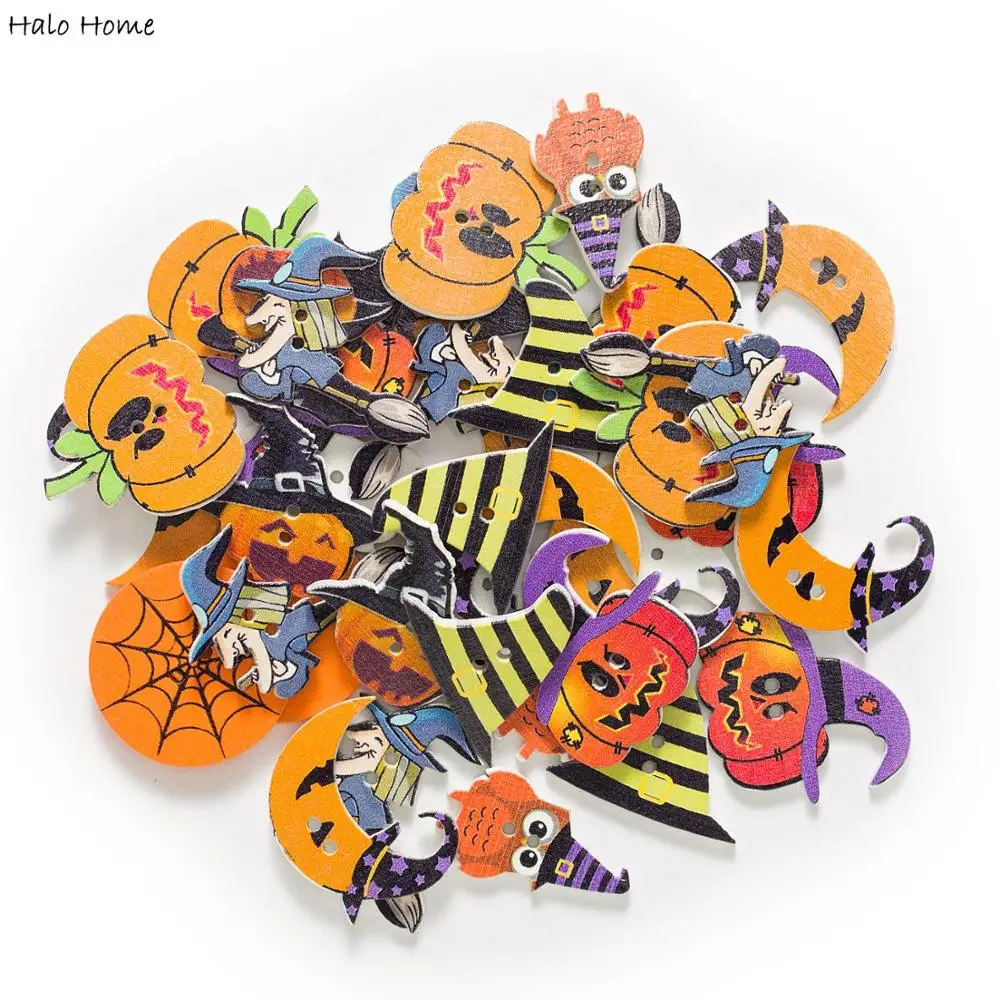 30 sztuk Halloween dynia drewniane guziki do szycia tkaniny Scrapbooking rzemiosło tworzenie kartek akcesoria wystrój domu 14-41mm