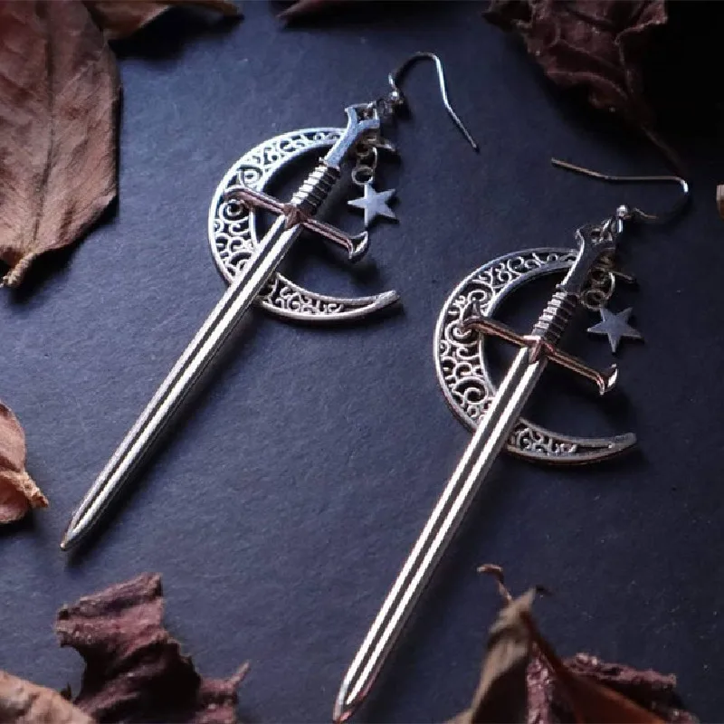 New Gothic Moon Sword Earrings Long Witchy Medieval Viking Alternative Goth Boho Jewelry Creativity Punk Fashion Women Gift