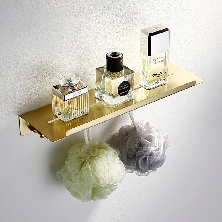 Top quality stainless steel 400mm Newest bathroom shelf with Hook Brushed gold