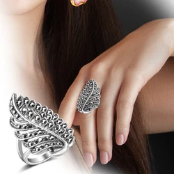 Wbmqda Vintage Leaf Shaped Black Stones Long Big Rings Tibetan Silver Wedding Ring For Women Fashion Jewelry