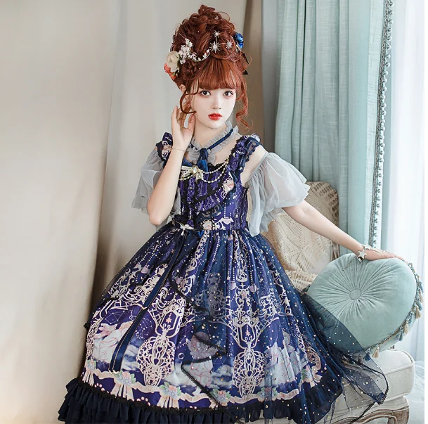 Paleis Prinses Zoete Lolita Jurk Vintage Kant Strik Hoge Taille Afdrukken Victoriaanse Jurk Kawaii Meisje Gothic Lolita Jsk Loli