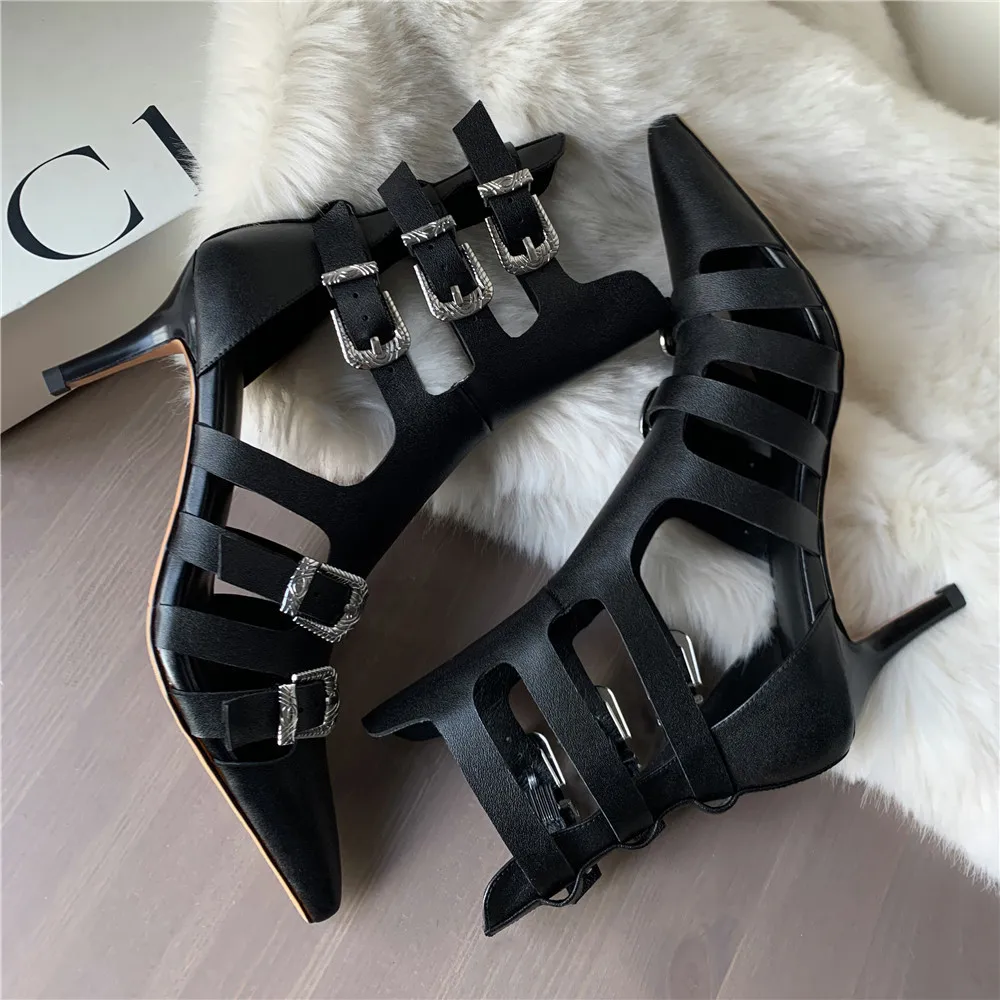 MILI-MIYA New Arrival Women Full Genuine Leather Sandals Ankle Boots Fashion Pointed Toe Sexy Thin Heels Buckle Strap Handmade