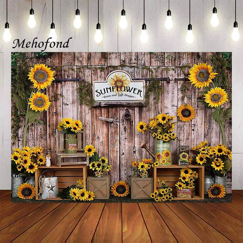 Mehofond Photography Background Spring Sunflower Rustic Wood Baby Shower Birthday Kids Portrait Decor Backdrop Photo Studio Prop