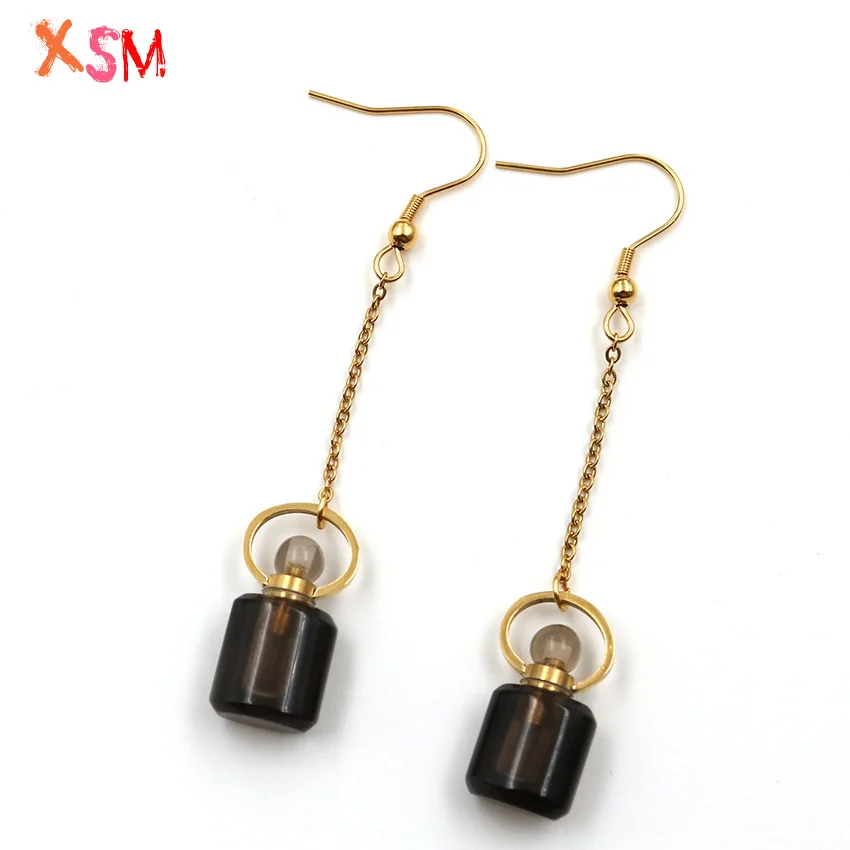 XSM Natural Smoky Quartzs Perfume Bottle Drop Earrings Essential Oil Diffuser Aromatherapy Dangle Hook Earring Charms Jewelry