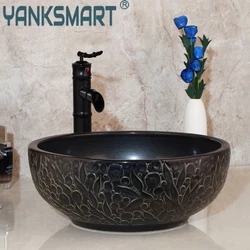YANKSMART Lavatory Bathroom Ceramic Vanity Sink Brass Faucet Mixer Water Tap Washbasin Set Bamboo Waterfall Basin Tap Combo Kit