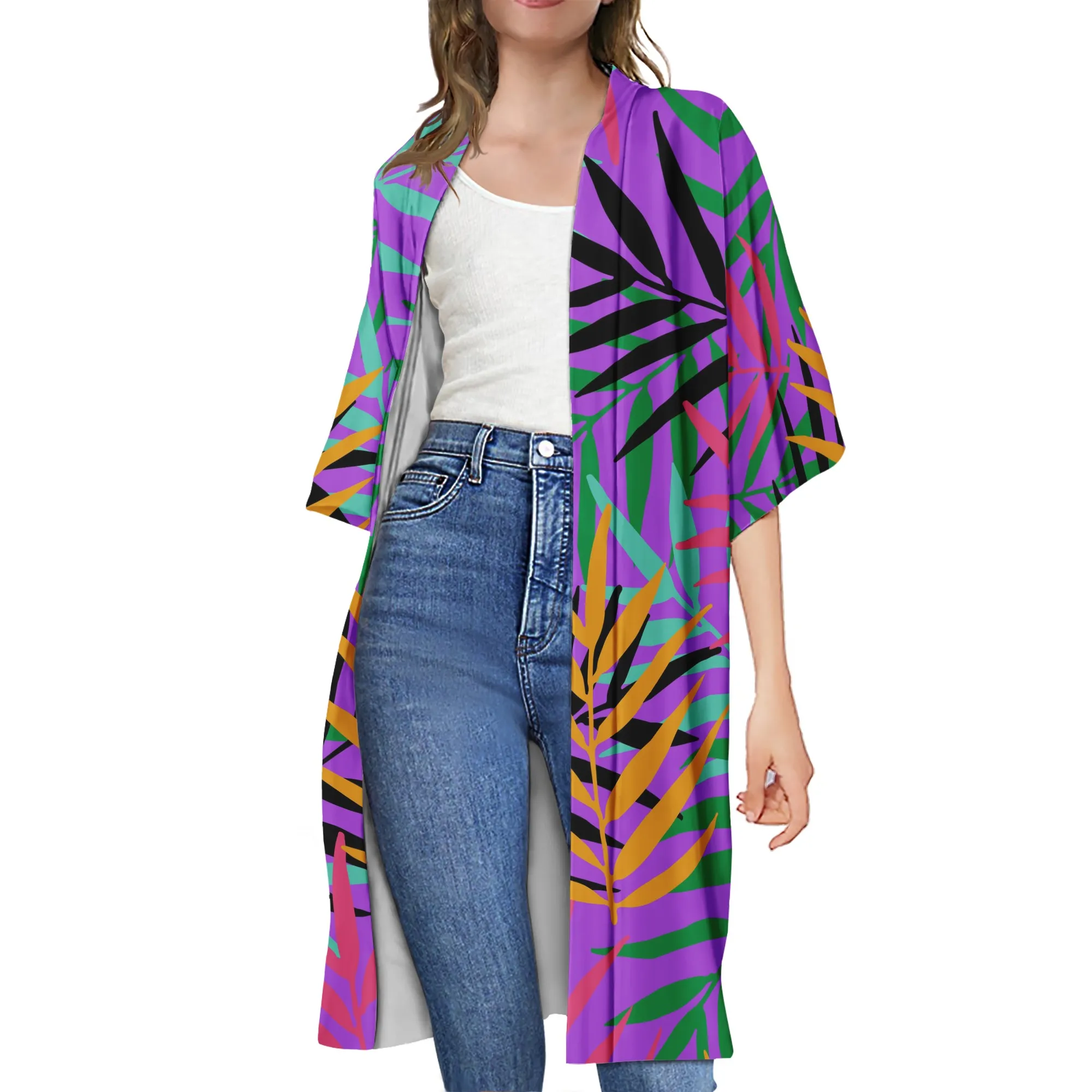 Kimono polynémien de haute qualité, manches chauve-souris, ample, Cover-Up de plage pour femmes, longue veste décontractée, Cardigan ouvert sur le devant, 3/4