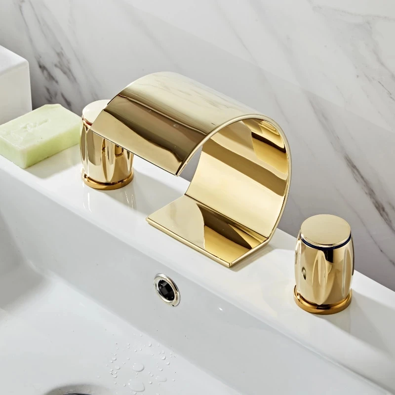 Golden Waterfall Basin Faucet Brass Gold Plated Deck Mounted Bathroom Sink Faucet Double Handle 3 Hole Hot Cold Mixer Tap Faucet