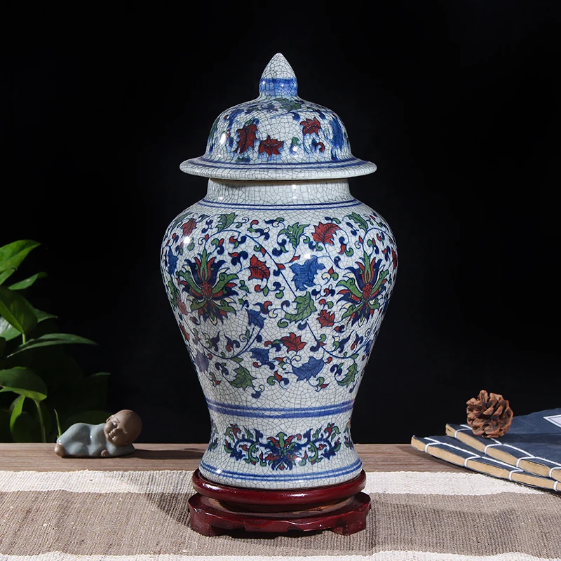 Five Color Ice Cracked Glaze Ceramic Ginger Jar with Lid decorate Ceramic Storage jar Chinese Style porcelain temple jar