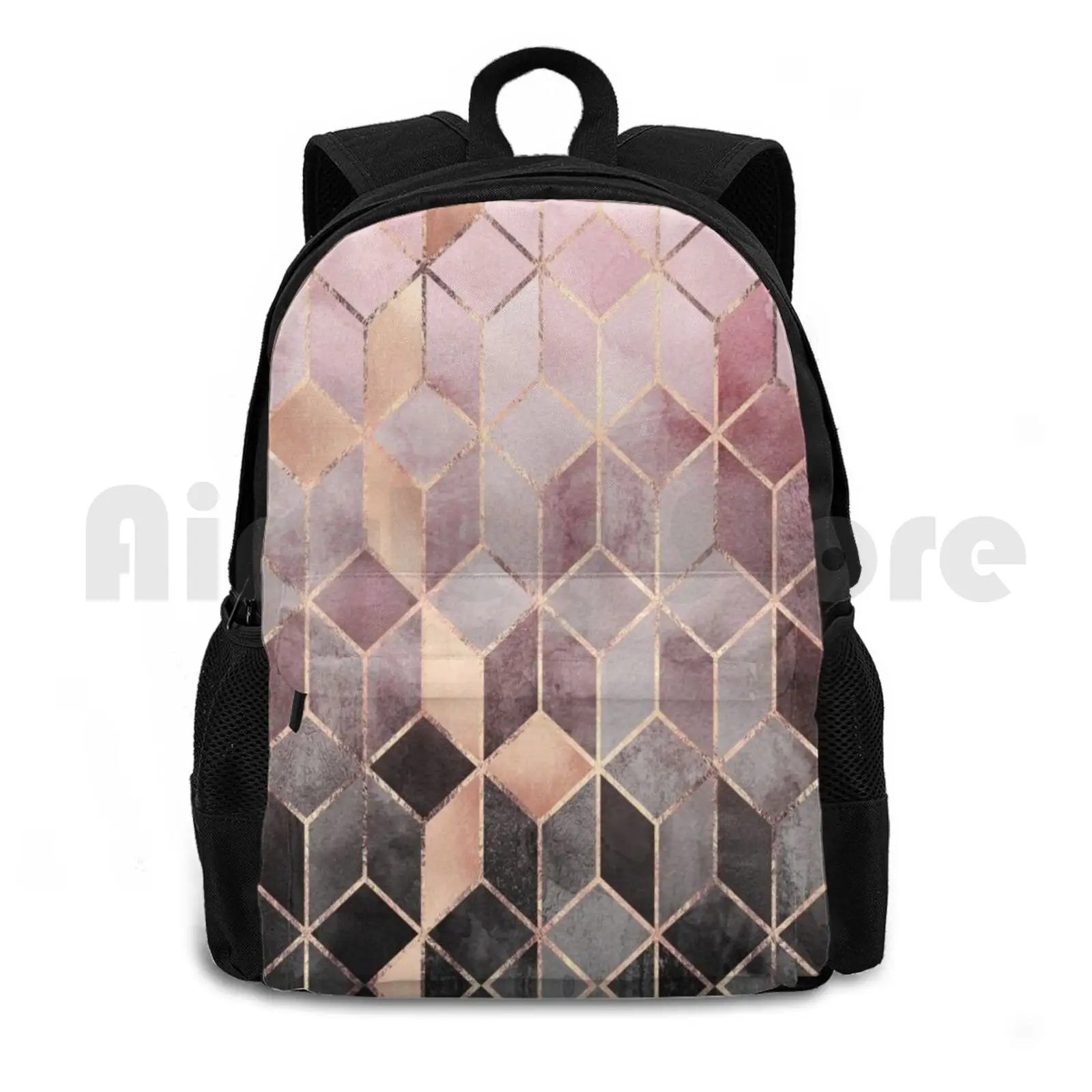 Pink And Grey Gradient Cubes Outdoor Hiking Backpack Waterproof Camping Travel Graphic Pattern Abstract Pink Geometric