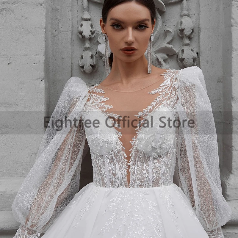 Eightree abiti da sposa Boho bianchi scollo a v Glitter Tulle A-Line abito da sposa principessa Applique abito da sposa senza schienale su misura