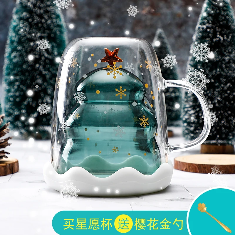 Net red Christmas tree cup heat-resistant double glass  water bottle coffee cup spoon high beauty gift water cup star wish cup