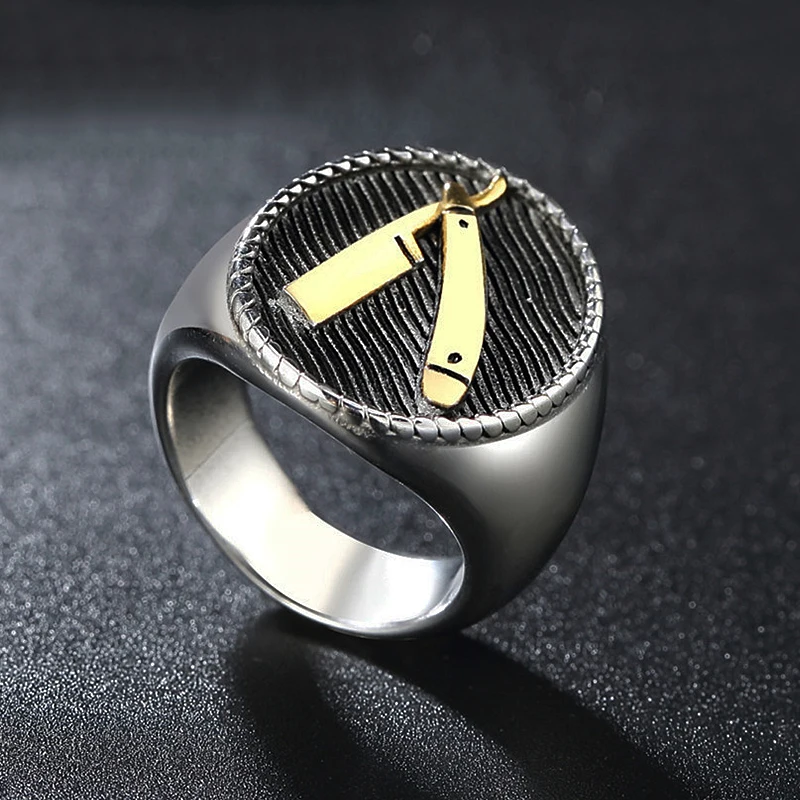 

Heavy Sugar Barber Knife Ring Men Gold/Silver Color Stainless Steel Razor Signet Ring Male Cool Punk Style Barber Jewlery