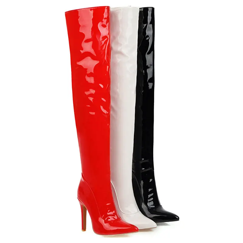 Sexy Mirror Leather Thigh High Boots Women High Heels Over The Knee Boots For Women Point Toe White Red Fetish Party Long Shoes