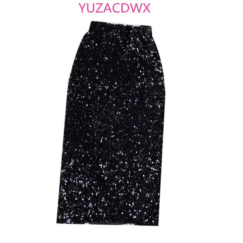 

High Quality Women Sequins Pencil Skirts Korean Elegant Mid Length Bodycon Jupe Spring Sexy Femme Trend Slim Shinny Skirt