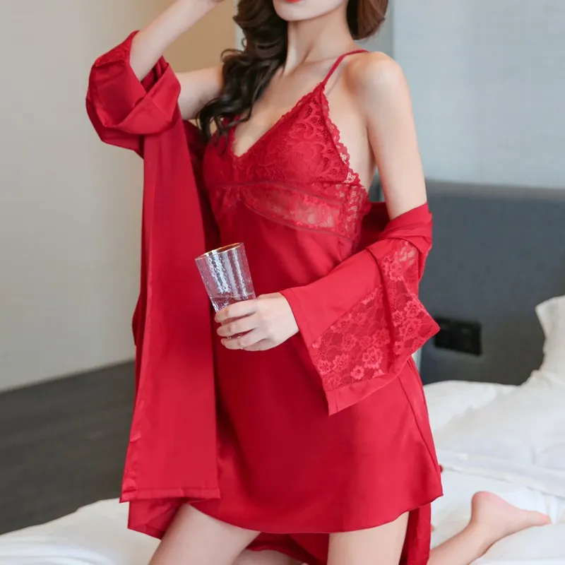 Lace Nightdress Robe Sets Sexy Women Sleepwear Satin Silky Intimate Lingerie Nightgown 2 Pieces Nighty&Robe Suit Lounge Wear