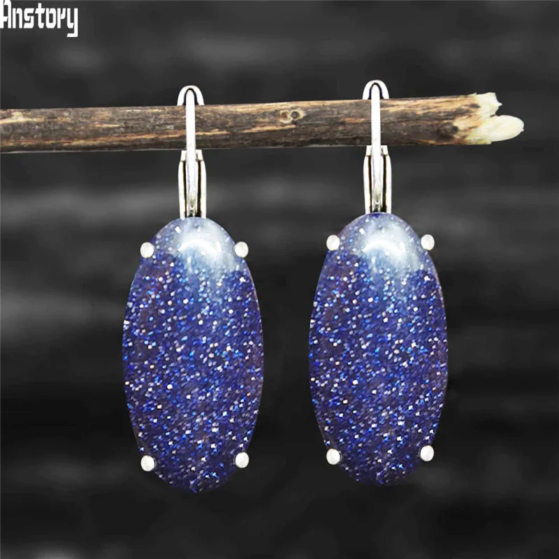 Irregular Eye Shape Dark Blue Sequins Stone Earrings For Women Real Silver Plated Claw Pendant Fashion Earring