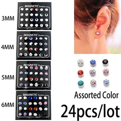 24PCS/Lot 3/4/5/6mm Round Crystal Rhinestone Magnet Stud Non-Piercing Earring Puck Women Men Magnetic Fake Ear Plug Body Jewelry