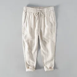 8201 New Natural Linen Trousers Male Japan Style Summer Breathable Soft Thin Mid Waist Drawstring Solid Color Men Casual Pants