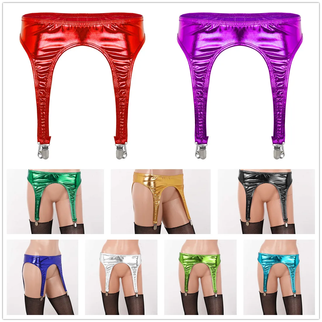 Wanita Logam Mengkilap Garter Belt dengan Empat Logam Bebek Mulut Klip Tali Selempang untuk Paha Tinggi Seksi Pole Dance clubwear