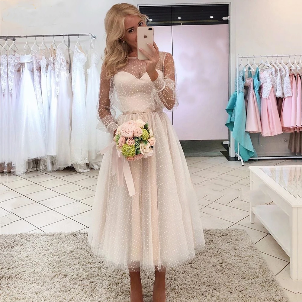 Ivoor Prom Dresses Nieuwe Dot Tulle Een Lijn Elegante Party Dress Lange Mouwen Korte Gown Sweetheart Kraal Riem Avondjurk plus Size