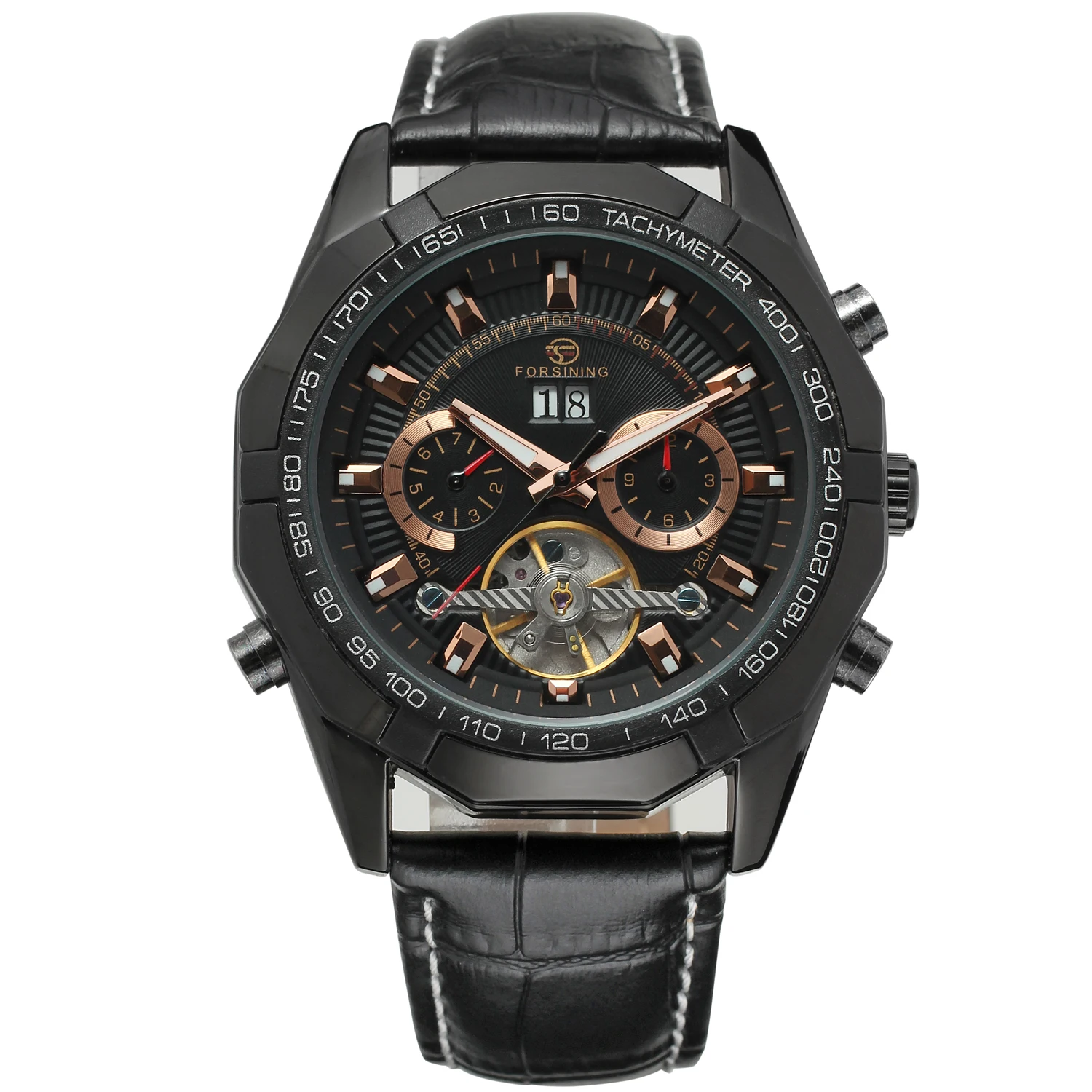 FORSINING Mechanical Watch Dual Ring Flywheel Automatic Mechanical Watch Circular black belt Watch Wrist Watch Product specifica