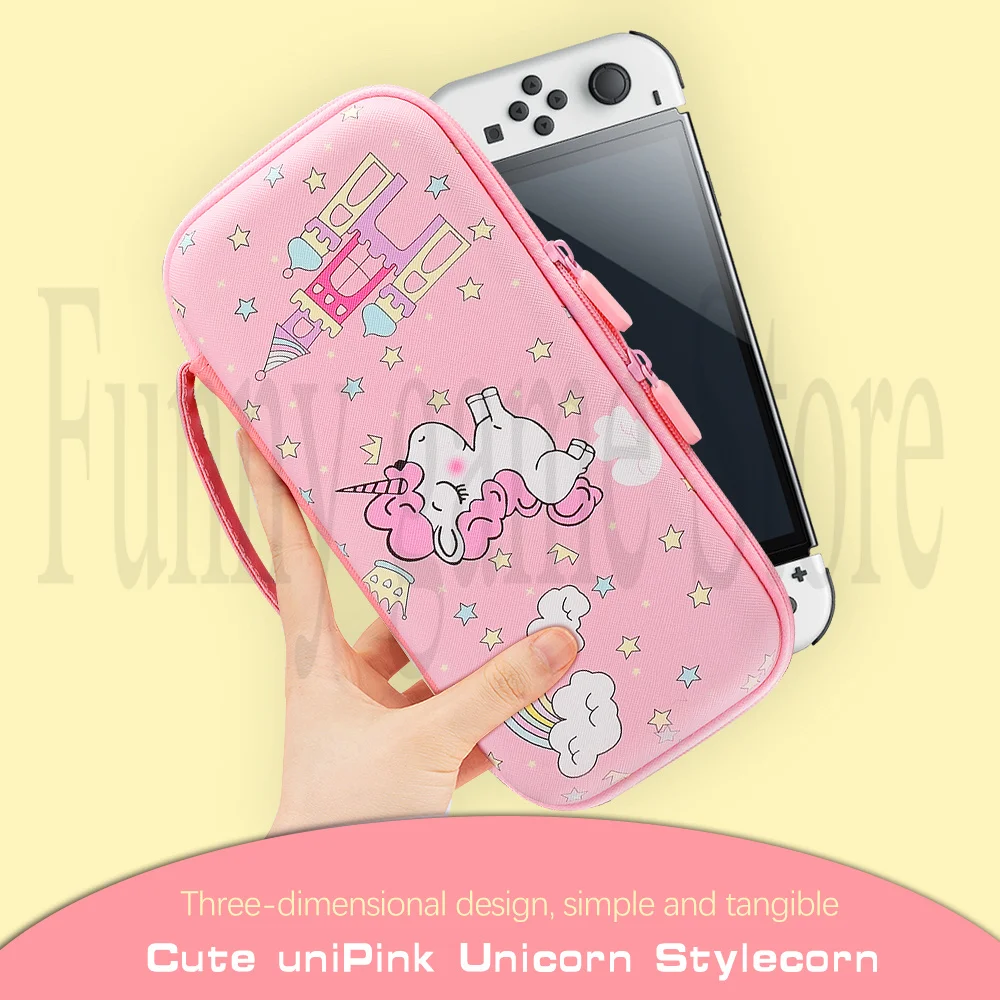 ยูนิคอร์นกระเป๋าถือแข็งสําหรับ Nintendo SWITCH & SWITCH Oled สีชมพูกระเป๋าเดินทางแบบพกพาอุปกรณ์เสริมกระเป๋าป้องกันสําหรับสาว