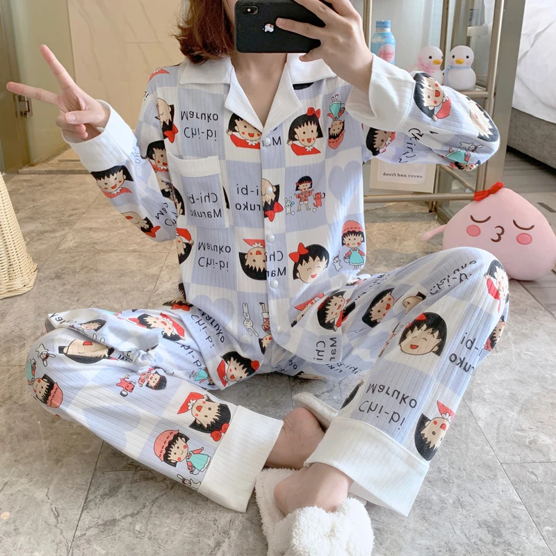 2024 New Winter Pijama Women Home Clothing Cartoon Chibi Maruko Anime Nightwear Pink Pants Cotton Cozy Party Cardigan Pajama Ins