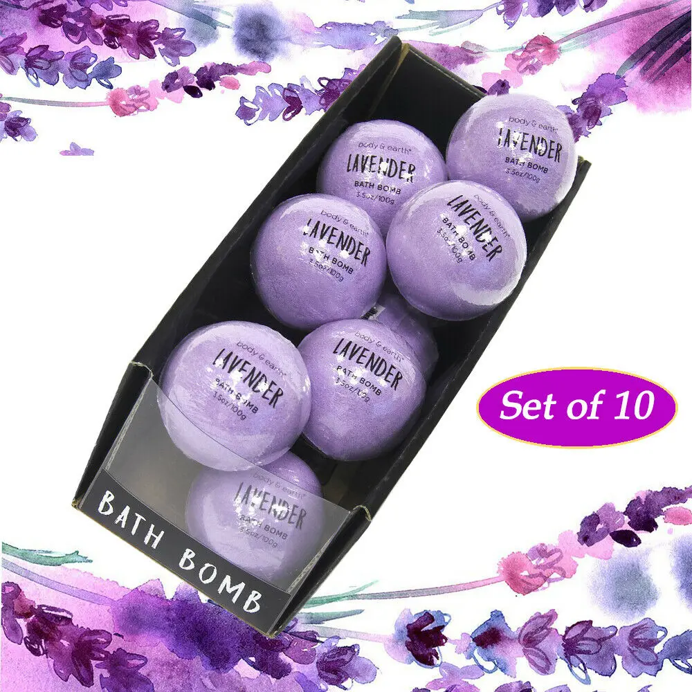 10pcs Vegan Bath Bombs Gift Box, Lavender Scented Essential Oil Bath Fizzies 3.5oz/100g Each