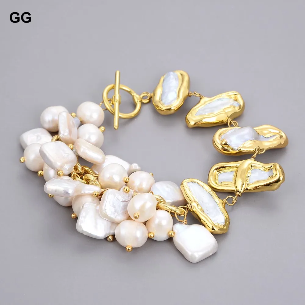 GuaiGuai Jewelry 8'' Freshwater White Biwa Keshi Pearl Potato Pearl Chain Bracelet