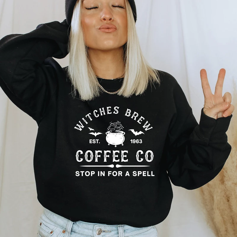 

Witches Brew Coffee Co Sweatshirt Aesthetic Witchy Woman Halloween Drinking Pullovers Streetwear