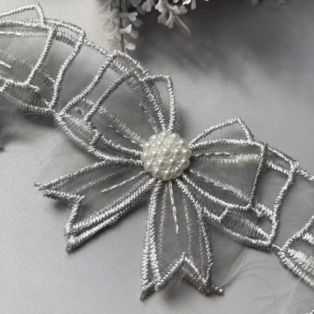 20X Gray Bowknot 5.5cm Pearl 3D Flower Tassel Lace  Trim Ribbon Fabric Embroidered Applique Sewing Craft Wedding Dress Clothes