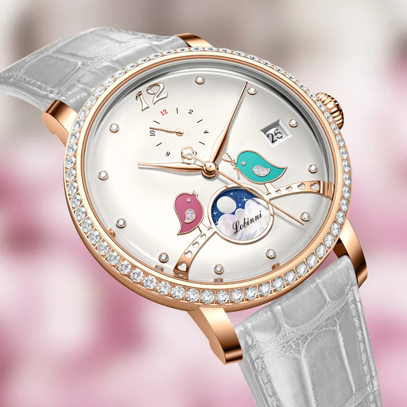 Reloj LOBINNI para mujer, correa de cuero genuino, esfera de diamante, fase lunar, reloj mecánico automático, reloj femenino de cristal de zafiro