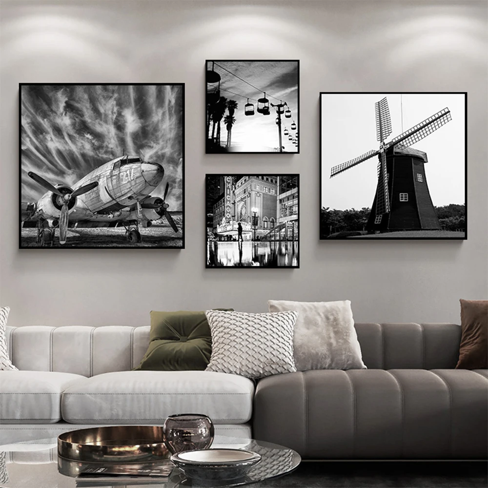 

Windmill Canvas Print Painting Nordic Wall Art Black White Landscape Poster Modern Decorative Picture for Living Room Home Decor