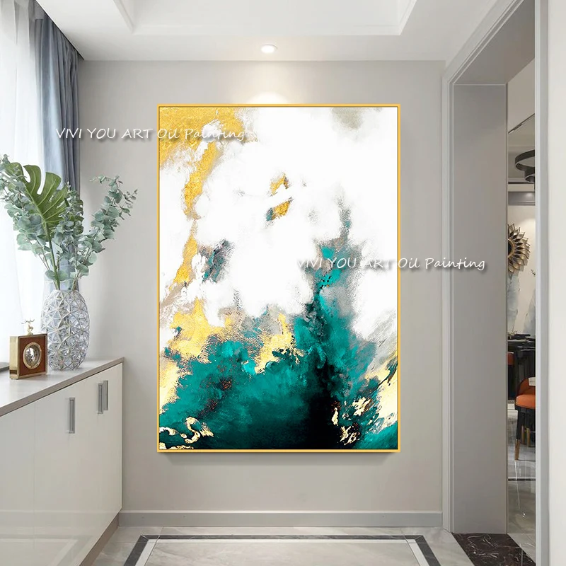 100% Hand Painted Teal Gold Abstract Oil Painting, Palette Knife Gold Foil Impasto Textured Vertical Canvas Wall Art