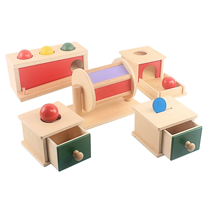 Montessori Materials Spinning Drum Match Piggy Coin Box Permanent Box Round Rectangular Box Sensory Toys for Toddlers IC Class