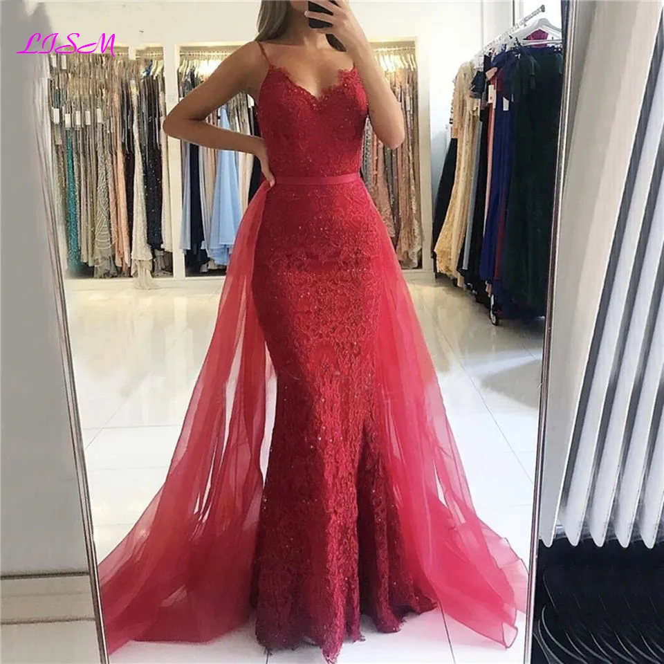 Koronkowe zroszony Mermaid suknie wieczorowe 2020 Sexy V-Neck długi tiul sukienka na studniówkę elegancka Overskirt formalne sukienki na przyjęcie Vestido De Festa