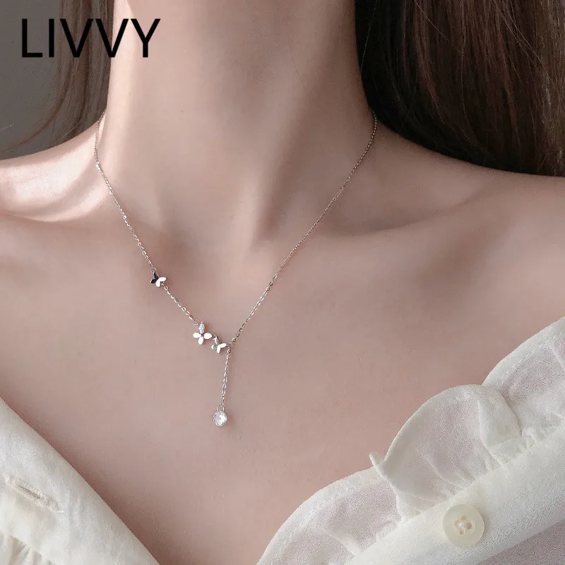 LIVVY Silver Color Butterfly Drop Shaped Crystal Zircon Pendant Necklace For Women Simple Trendy Birthday Party Jewelry Gifts